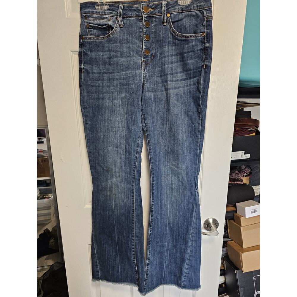 Seven7 Jeans Womens 10 Blue Denim Flare Leg Raw Hem Button-Up Fly